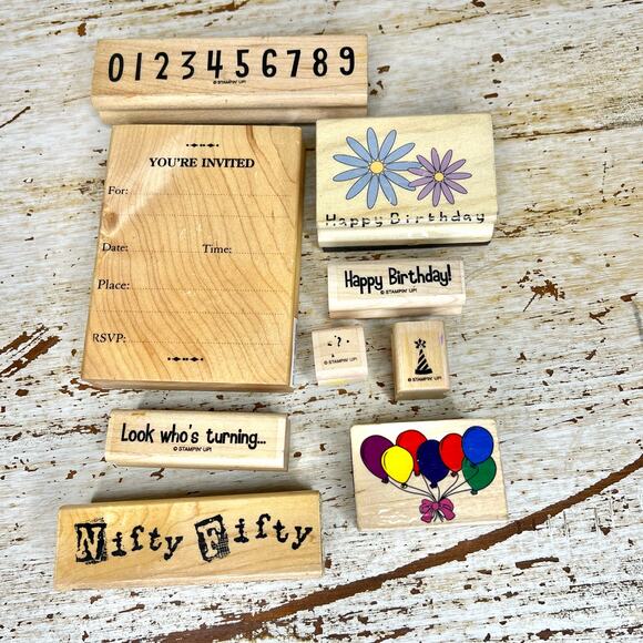 Lot of 9 Birthday Themed Wood Mounted Rubber Stamps - Picture 1 of 6